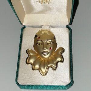 Pierrot Clown Gold-Tone Metal & Red Enamel Brooch Pin Vintage IOB